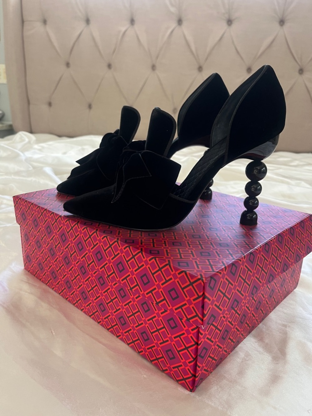 Tory Burch Black Velvet D'Orsay Pumps with Bow and Sculptural Bead Heel